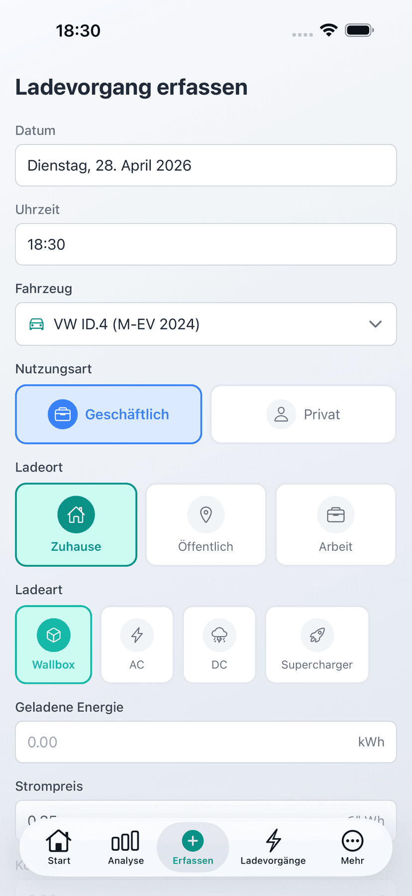 In Sekunden erfassen - Öffentliche Ladungen manuell in Sekunden erfassen — mit Datum, kWh und Preis